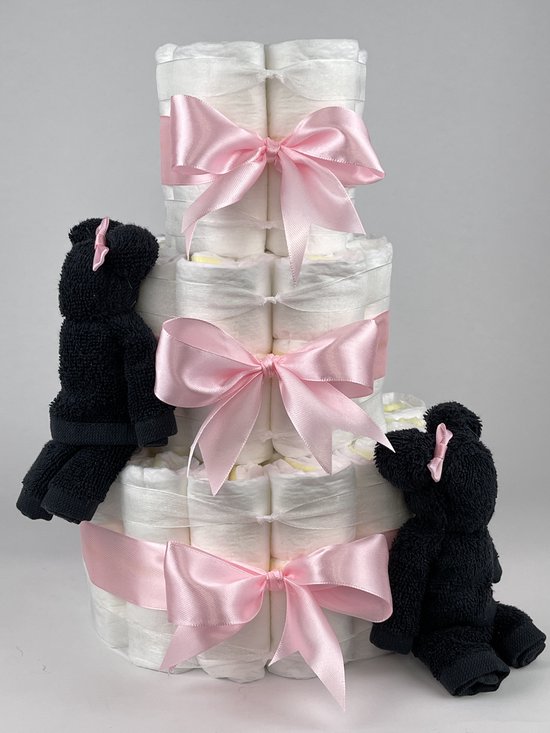 Chouette-Chouette | Luiertaart Meisje | Kraamcadeau | Geboorte Meisje | Babyshower | Beren Zwart - Roze van Chouette-Chouette