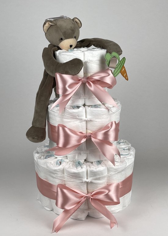 Chouette-Chouette | Luiertaart Meisje | Kraamcadeau | Geboorte Meisje | Babyshower | Bunnies By The Bay Speenknuffel Beer Cubby donker Poeder Roze van Chouette-Chouette
