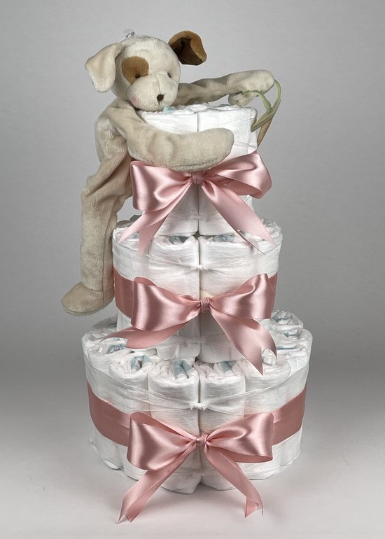 Chouette-Chouette | Luiertaart Meisje | Kraamcadeau | Geboorte Meisje | Babyshower | Bunnies By the Bay Speenknuffel Hond donker Poeder Roze van Chouette-Chouette