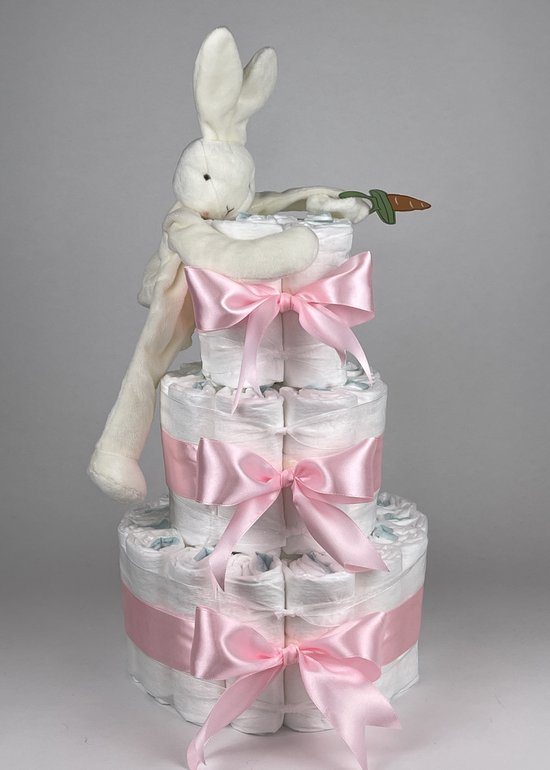 Chouette-Chouette | Luiertaart Meisje | Kraamcadeau | Geboorte Meisje | Babyshower | Bunnies By The Bay Speenknuffel Konijn Wit - Roze van Chouette-Chouette