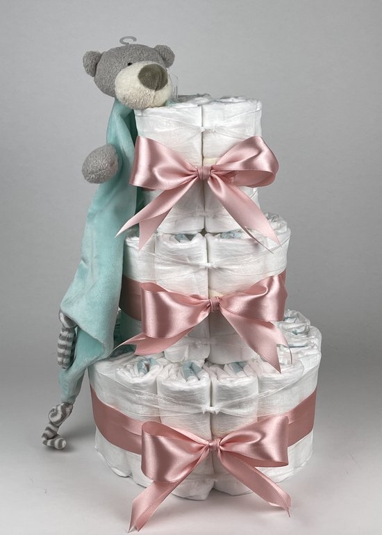 Chouette-Chouette | Luiertaart Meisje | Kraamcadeau | Geboorte Meisje | Babyshower | Knuffeldoek Beer Mint groen - donker Poeder Roze van Chouette-Chouette
