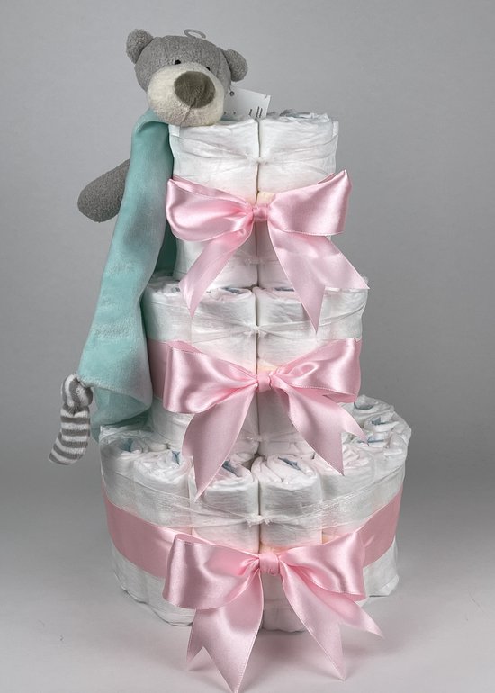 Chouette-Chouette | Luiertaart Meisje | Kraamcadeau | Geboorte Meisje | Babyshower | Knuffeldoek Beer Mint groen - Roze van Chouette-Chouette