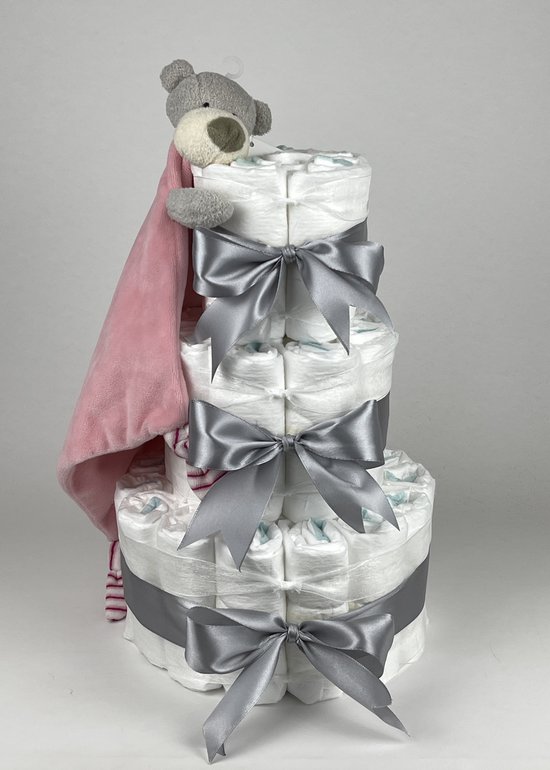 Chouette-Chouette | Luiertaart Meisje | Kraamcadeau | Geboorte Meisje | Babyshower | Knuffeldoek Beer Roze - Grijs van Chouette-Chouette