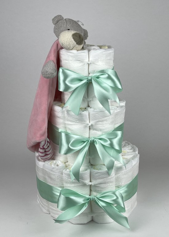 Chouette-Chouette | Luiertaart Meisje | Kraamcadeau | Geboorte Meisje | Babyshower | Knuffeldoek Beer Roze - Groen van Chouette-Chouette