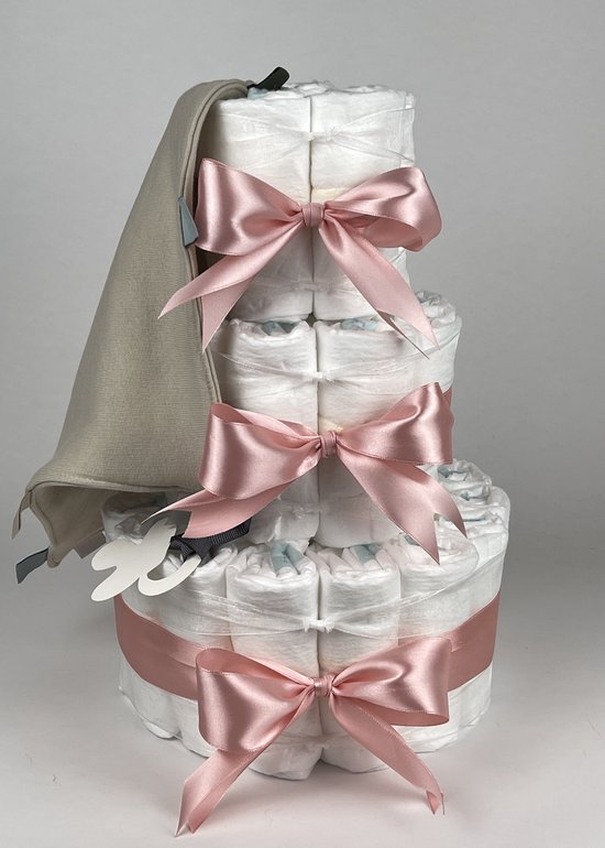 Chouette-Chouette | Luiertaart Meisje | Kraamcadeau | Geboorte Meisje | Babyshower | Knuffeldoek Labels Cream - donker Poeder Roze van Chouette-Chouette
