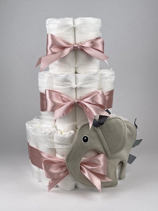 Chouette-Chouette | Luiertaart Meisje | Kraamcadeau | Geboorte Meisje | Babyshower | Knuffeldoek Olifant Ollie Cream - donker Poeder Roze van Chouette-Chouette