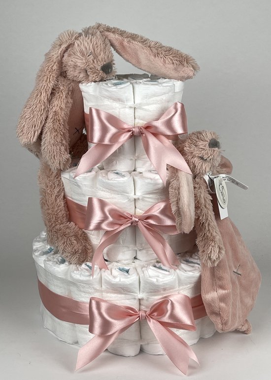 Chouette-Chouette - Luiertaart Meisje - Kraamcadeau - Geboorte Meisje - Babyshower - Konijn Richie Old Pink - donker Poeder Roze van Chouette-Chouette