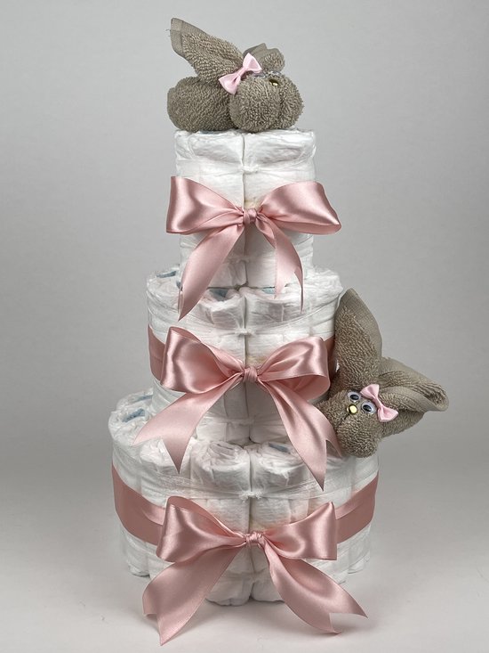 Chouette-Chouette | Luiertaart Meisje | Kraamcadeau | Geboorte Meisje | Babyshower | Konijnen Cream - donker Poeder Roze van Chouette-Chouette