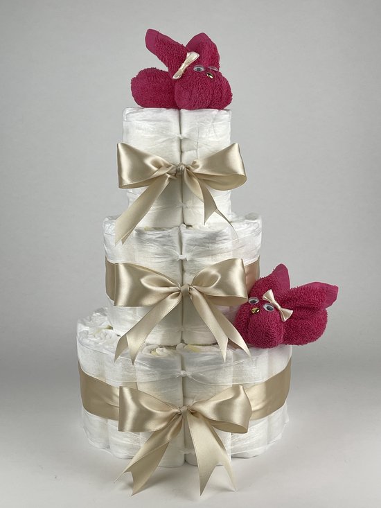 Chouette-Chouette | Luiertaart Meisje | Kraamcadeau | Geboorte Meisje | Babyshower | Konijnen Fuchsia roze - Beige van Chouette-Chouette