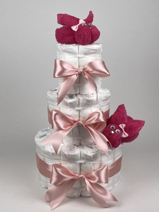 Chouette-Chouette | Luiertaart Meisje | Kraamcadeau | Geboorte Meisje | Babyshower | Konijnen Fuchsia roze - donker Poeder Roze van Chouette-Chouette