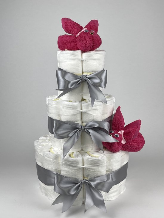 Chouette-Chouette | Luiertaart Meisje | Kraamcadeau | Geboorte Meisje | Babyshower | Konijnen Fuchsia roze - Grijs van Chouette-Chouette