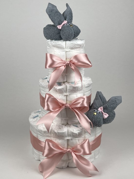 Chouette-Chouette | Luiertaart Meisje | Kraamcadeau | Geboorte Meisje | Babyshower | Konijnen Grey-Blue - donker Poeder Roze van Chouette-Chouette