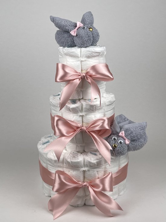Chouette-Chouette | Luiertaart Meisje | Kraamcadeau | Geboorte Meisje | Babyshower | Konijnen Grijs - donker Poeder Roze van Chouette-Chouette