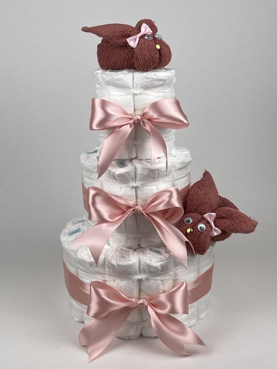 Chouette-Chouette | Luiertaart Meisje | Kraamcadeau | Geboorte Meisje | Babyshower | Konijnen Koper - donker Poeder Roze van Chouette-Chouette