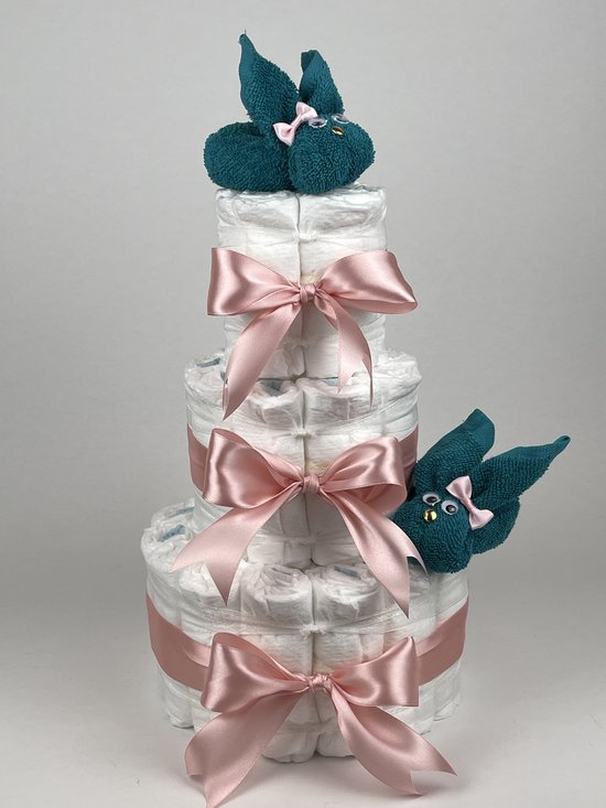Chouette-Chouette | Luiertaart Meisje | Kraamcadeau | Geboorte Meisje | Babyshower | Konijnen Lake groen - donker Poeder Roze van Chouette-Chouette