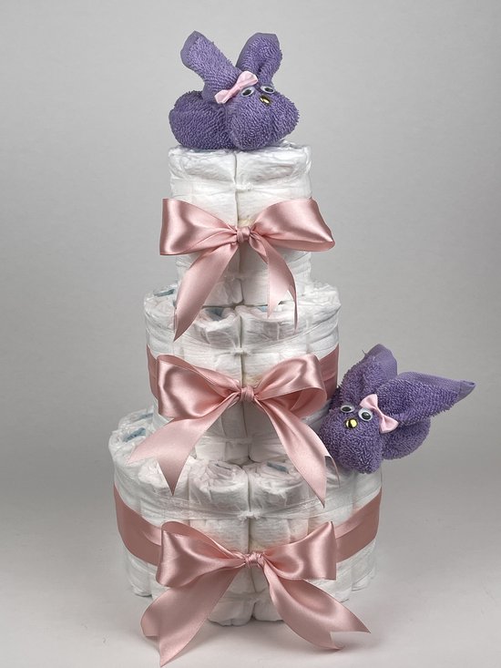 Chouette-Chouette | Luiertaart Meisje | Kraamcadeau | Geboorte Meisje | Babyshower | Konijnen Lavendel - donker Poeder Roze van Chouette-Chouette