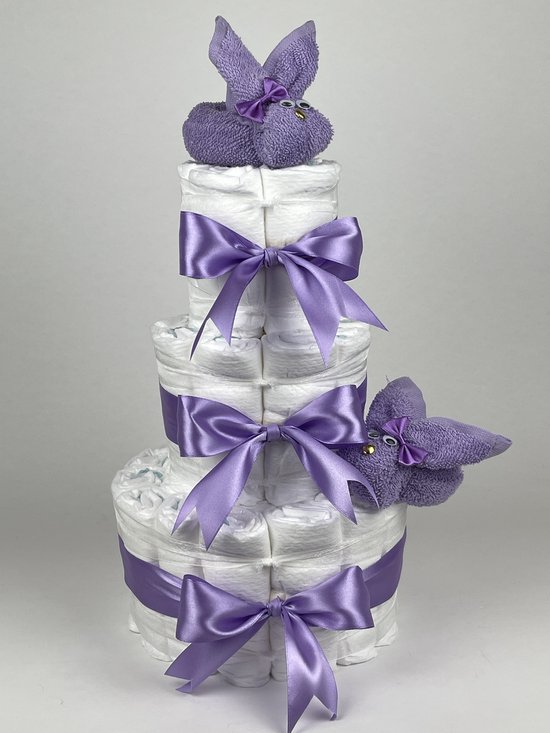 Chouette-Chouette | Luiertaart Meisje | Kraamcadeau | Geboorte Meisje | Babyshower | Konijnen Lavendel - Paars van Chouette-Chouette
