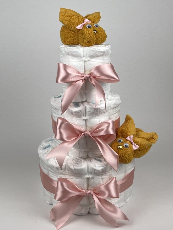Chouette-Chouette | Luiertaart Meisje | Kraamcadeau | Geboorte Meisje | Babyshower | Konijnen Oker - donker Poeder Roze van Chouette-Chouette