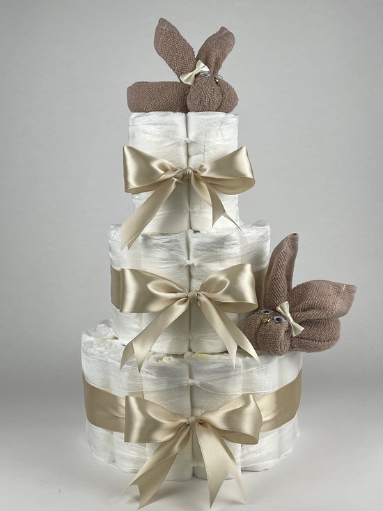 Chouette-Chouette | Luiertaart Meisje | Kraamcadeau | Geboorte Meisje | Babyshower | Konijnen Pinkstone - Beige van Chouette-Chouette