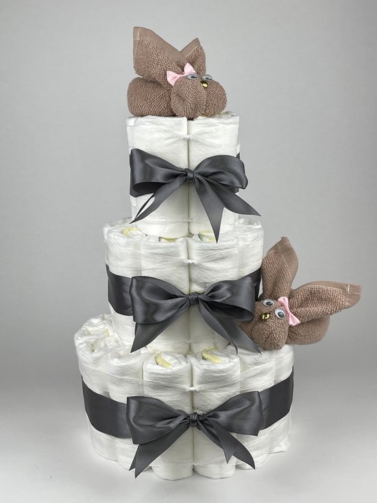 Chouette-Chouette - Luiertaart Meisje - Kraamcadeau - Geboorte Meisje - Babyshower - Konijnen Pinkstone - donker Grijs van Chouette-Chouette