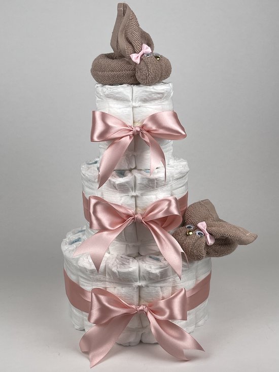 Chouette-Chouette | Luiertaart Meisje | Kraamcadeau | Geboorte Meisje | Babyshower | Konijnen Pinkstone - donker Poeder Roze van Chouette-Chouette