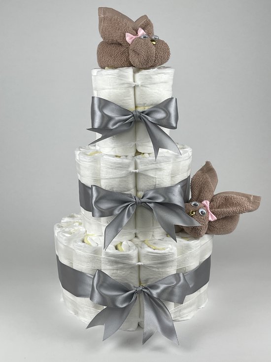 Chouette-Chouette | Luiertaart Meisje | Kraamcadeau | Geboorte Meisje | Babyshower | Konijnen Pinkstone - Grijs van Chouette-Chouette