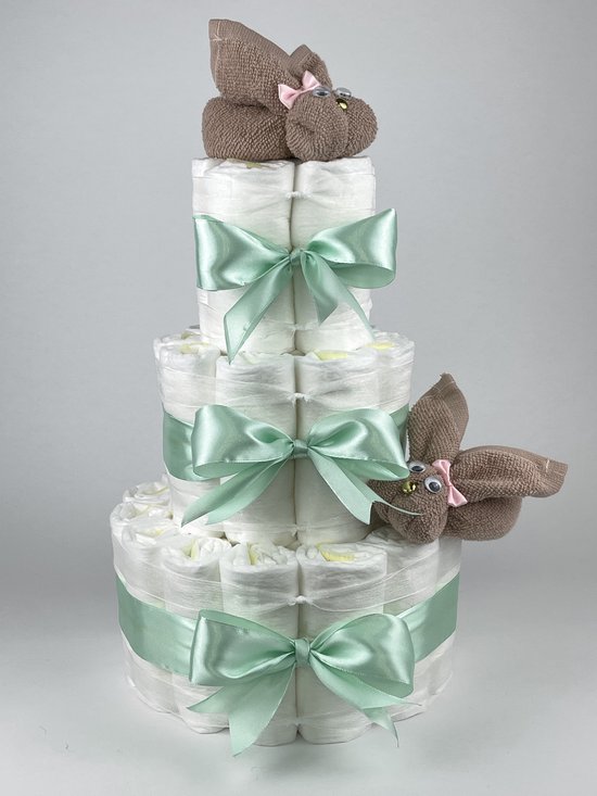 Chouette-Chouette | Luiertaart Meisje | Kraamcadeau | Geboorte Meisje | Babyshower | Konijnen Pinkstone - Groen van Chouette-Chouette
