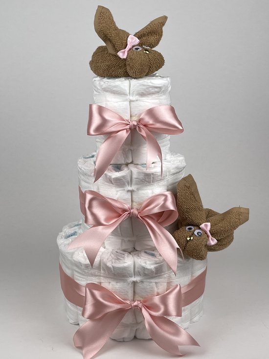 Chouette-Chouette | Luiertaart Meisje | Kraamcadeau | Geboorte Meisje | Babyshower | Konijnen Sand - donker Poeder Roze van Chouette-Chouette