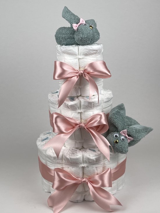 Chouette-Chouette | Luiertaart Meisje | Kraamcadeau | Geboorte Meisje | Babyshower | Konijnen Stone groen - donker Poeder Roze van Chouette-Chouette