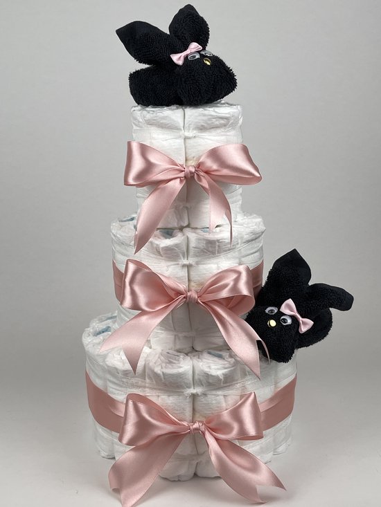 Chouette-Chouette | Luiertaart Meisje | Kraamcadeau | Geboorte Meisje | Babyshower | Konijnen Zwart - donker Poeder Roze van Chouette-Chouette
