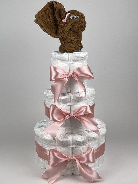 Chouette-Chouette | Luiertaart Meisje | Kraamcadeau | Geboorte Meisje | Babyshower | Olifant clay Bruin - donker Poeder Roze van Chouette-Chouette