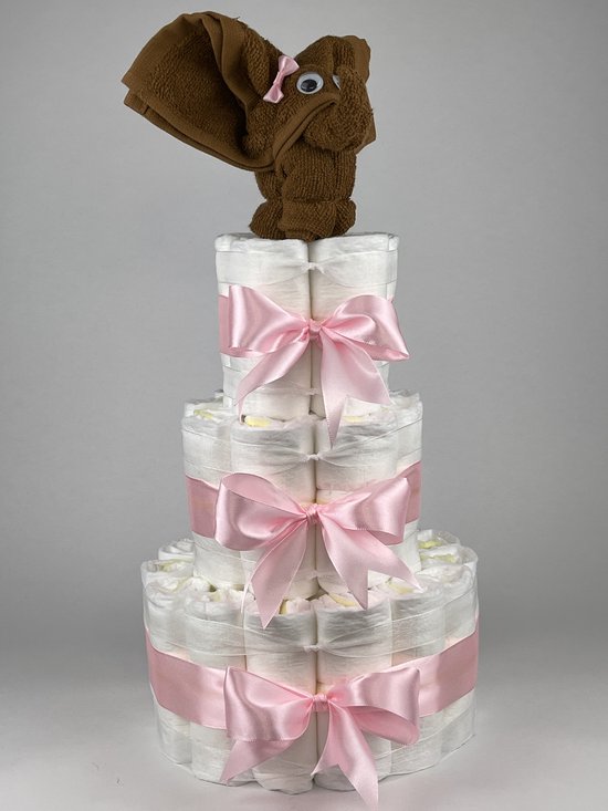 Chouette-Chouette | Luiertaart Meisje | Kraamcadeau | Geboorte Meisje | Babyshower | Olifant clay Bruin - Roze van Chouette-Chouette