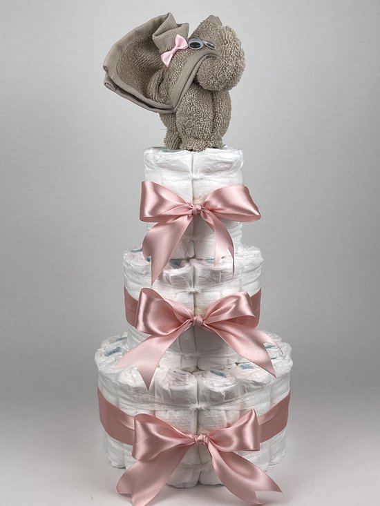 Chouette-Chouette | Luiertaart Meisje | Kraamcadeau | Geboorte Meisje | Babyshower | Olifant Cream - donker Poeder Roze van Chouette-Chouette