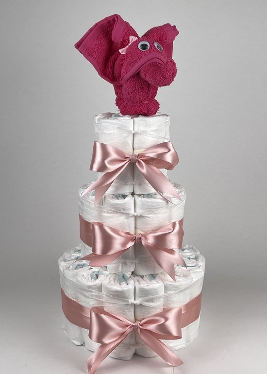 Chouette-Chouette | Luiertaart Meisje | Kraamcadeau | Geboorte Meisje | Babyshower | Olifant Fuchsia roze - donker Poeder Roze van Chouette-Chouette