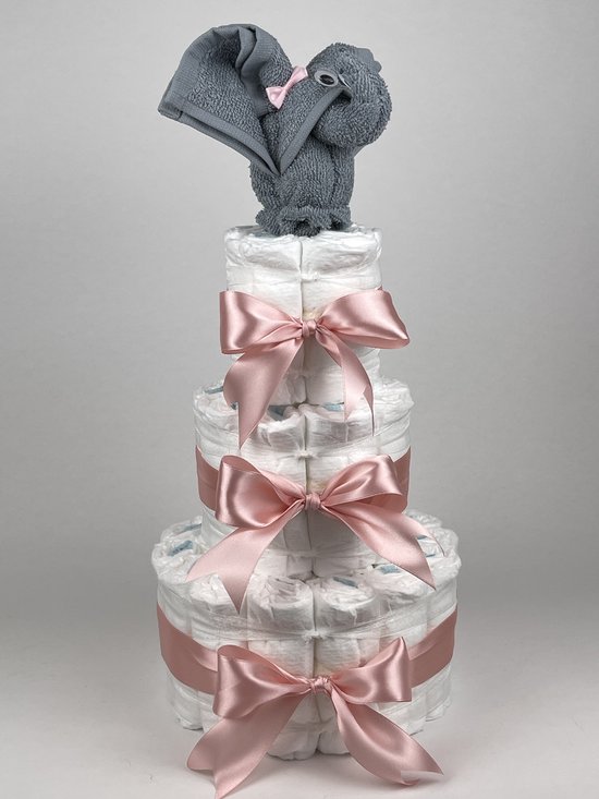 Chouette-Chouette | Luiertaart Meisje | Kraamcadeau | Geboorte Meisje | Babyshower | Olifant Grey-Blue - donker Poeder Roze van Chouette-Chouette