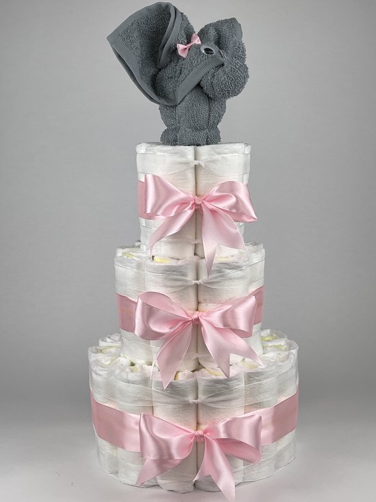 Chouette-Chouette | Luiertaart Meisje | Kraamcadeau | Geboorte Meisje | Babyshower | Olifant Grey-Blue - Roze van Chouette-Chouette