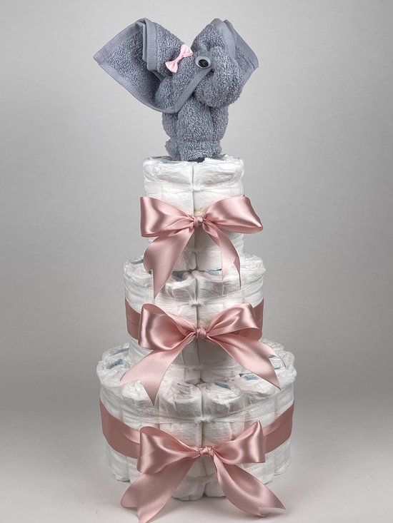 Chouette-Chouette | Luiertaart Meisje | Kraamcadeau | Geboorte Meisje | Babyshower | Olifant Grijs - donker Poeder Roze van Chouette-Chouette