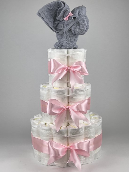 Chouette-Chouette | Luiertaart Meisje | Kraamcadeau | Geboorte Meisje | Babyshower | Olifant Grijs - Roze van Chouette-Chouette