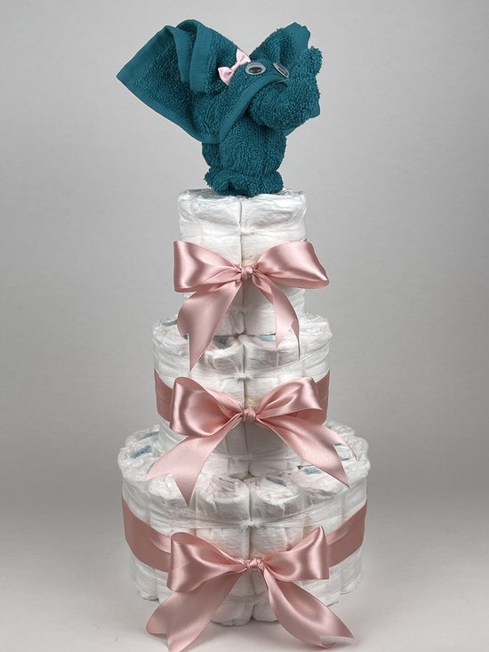 Chouette-Chouette | Luiertaart Meisje | Kraamcadeau | Geboorte Meisje | Babyshower | Olifant Lake groen - donker Poeder Roze van Chouette-Chouette