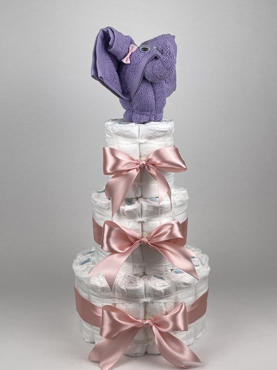 Chouette-Chouette | Luiertaart Meisje | Kraamcadeau | Geboorte Meisje | Babyshower | Olifant Lavendel - donker Poeder Roze van Chouette-Chouette