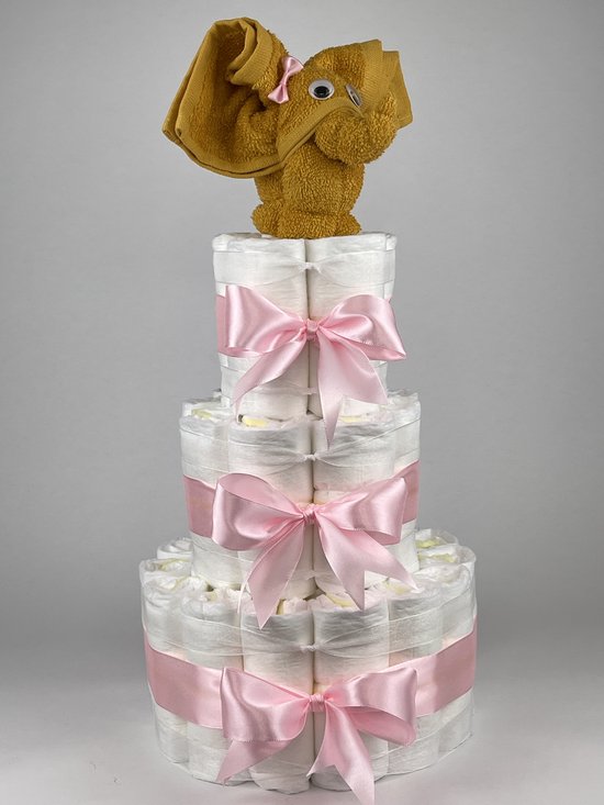 Chouette-Chouette | Luiertaart Meisje | Kraamcadeau | Geboorte Meisje | Babyshower | Olifant Oker - Roze van Chouette-Chouette
