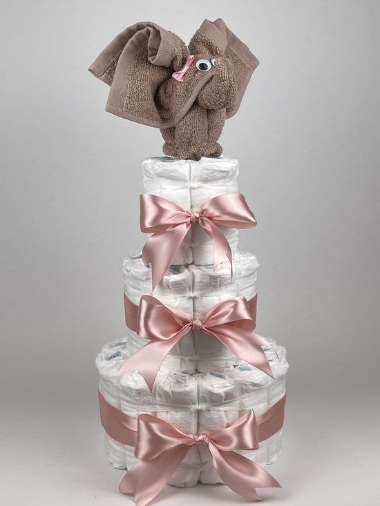 Chouette-Chouette | Luiertaart Meisje | Kraamcadeau | Geboorte Meisje | Babyshower | Olifant Pinkstone - donker Poeder Roze van Chouette-Chouette