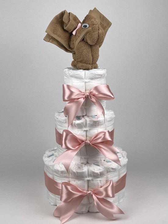 Chouette-Chouette | Luiertaart Meisje | Kraamcadeau | Geboorte Meisje | Babyshower | Olifant Sand - donker Poeder Roze van Chouette-Chouette