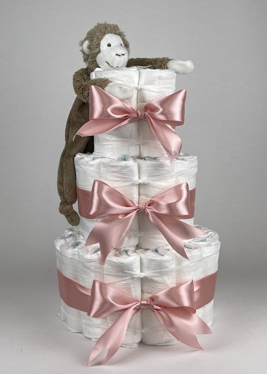 Chouette-Chouette | Luiertaart Meisje | Kraamcadeau | Geboorte Meisje | Babyshower | Tuttle Aap Mickey Clay bruin - donker Poeder Roze van Chouette-Chouette