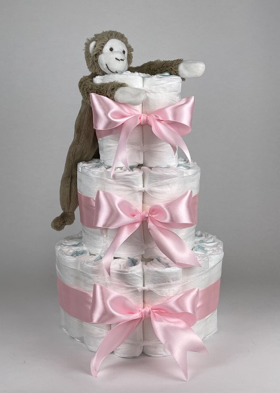 Chouette-Chouette | Luiertaart Meisje | Kraamcadeau | Geboorte Meisje | Babyshower | Tuttle Aap Mickey Clay bruin - Roze van Chouette-Chouette