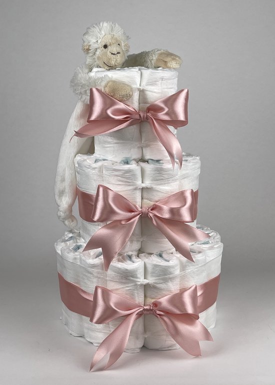 Chouette-Chouette | Luiertaart Meisje | Kraamcadeau | Geboorte Meisje | Babyshower | Tuttle Aap Mickey Ivory - donker Poeder Roze van Chouette-Chouette