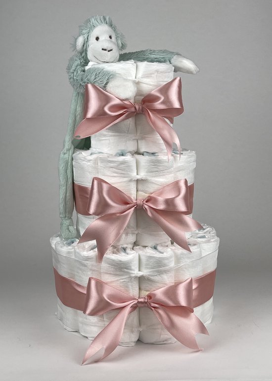 Chouette-Chouette | Luiertaart Meisje | Kraamcadeau | Geboorte Meisje | Babyshower | Tuttle Aap Mickey Lagoon - donker Poeder Roze van Chouette-Chouette
