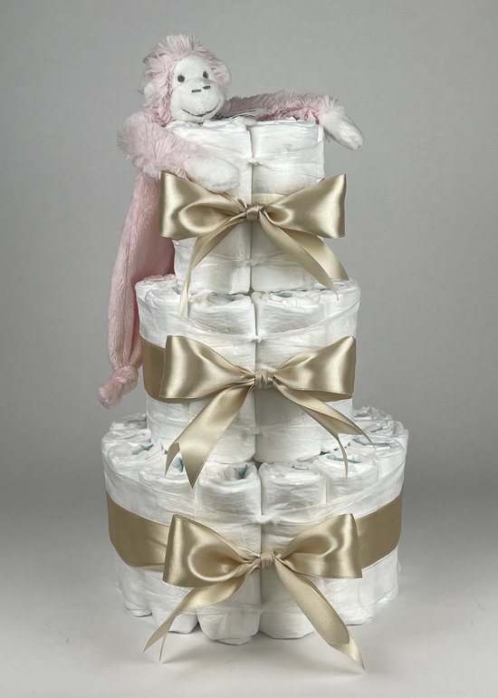 Chouette-Chouette | Luiertaart Meisje | Kraamcadeau | Geboorte Meisje | Babyshower | Tuttle Aap Mickey Pink - Beige van Chouette-Chouette