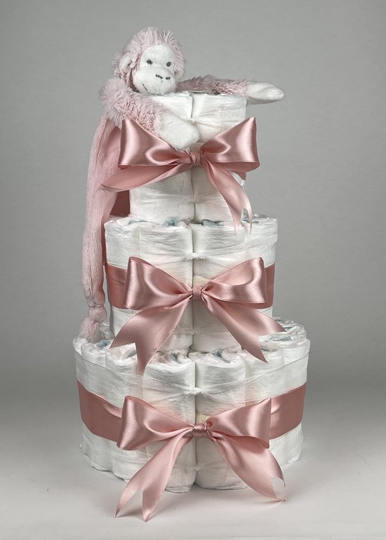 Chouette-Chouette | Luiertaart Meisje | Kraamcadeau | Geboorte Meisje | Babyshower | Tuttle Aap Mickey Pink - donker Poeder Roze van Chouette-Chouette