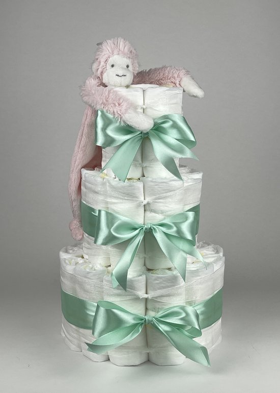Chouette-Chouette | Luiertaart Meisje | Kraamcadeau | Geboorte Meisje | Babyshower | Tuttle Aap Mickey Pink - Groen van Chouette-Chouette